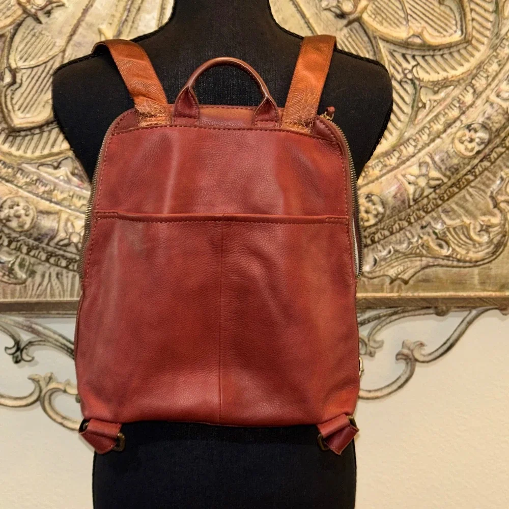 American Leather Co Genuine Leather Backpack Cognac Burgundy Multi Pocket EUC